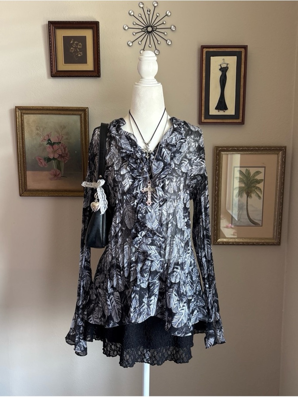 Style & Co. Black and White Leaf-Print Ruffle Front Blouse
